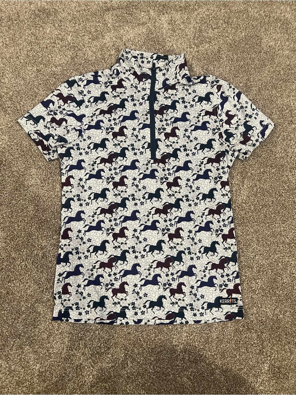 Kerrits Girls' Short Sleeve Horse Print Riding Shirt - Navy/Burgundy